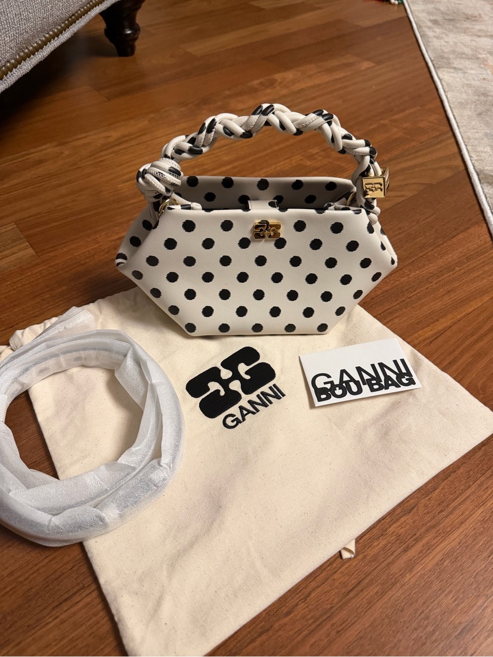 Ganni White with Black Polka Dot Braided-Handle Mini Bag